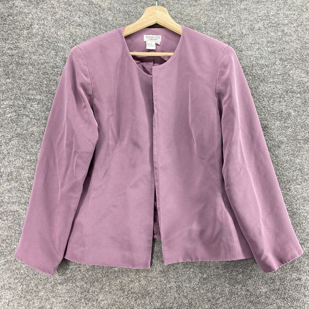 Due Per Due Blazer Women 12 Purple Crew Neck Open Front Silk Long Sleeve Casual